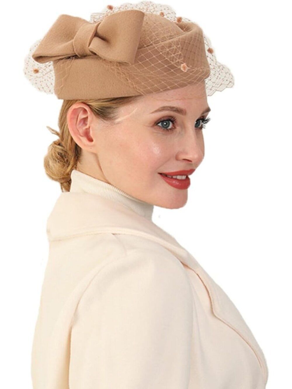 Women's British Style Pillbox Church Derby Wedding Winter Vintage Veil Hat khaki